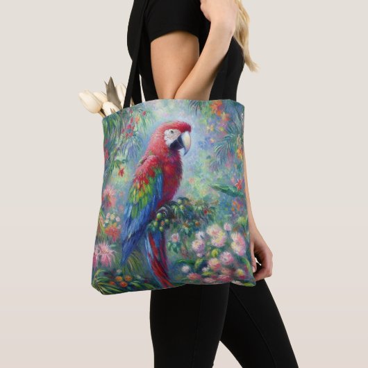 Tote Bag Perroquet Oiseau Jungle Floral Impressionnisme pei (De près)