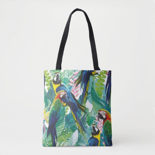 Tote Bag perroquets colorés et fleurs exotiques (Devant)