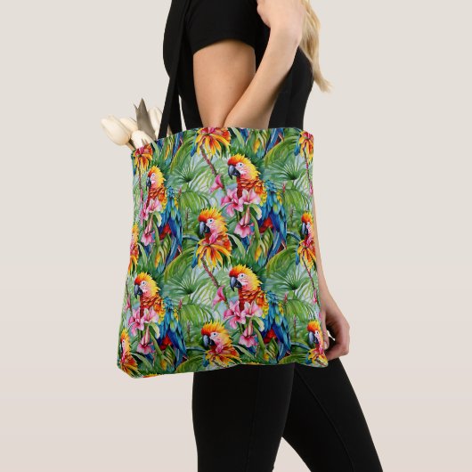 Tote Bag Perroquets de couleurs vives et fleurs tropicales (De près)
