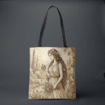Tote Bag Persephone Vintage Mythology<br><div class="desc">This elegant tote bag features a vintage-style illustration inspired by classical mythology. The artwork depicts Persephone, goddess of spring and renewal, rendered in a refined antique engraving style with soft sepia tones and delicate botanical details. The timeless composition gives the design the look of a classical illustration or museum print,...</div>