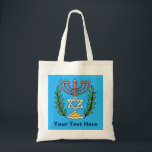 Tote Bag Persian Magen David Menorah<br><div class="desc">Cette image a été adaptée à partir d'un carrelage juif perse antique et présente une menorah avec un Magen David (Étoile de David) encadré de branches d'olivier. Les imperfections de l'image originale peinte à la main ont été conservées. Ajoutez votre propre texte.</div>