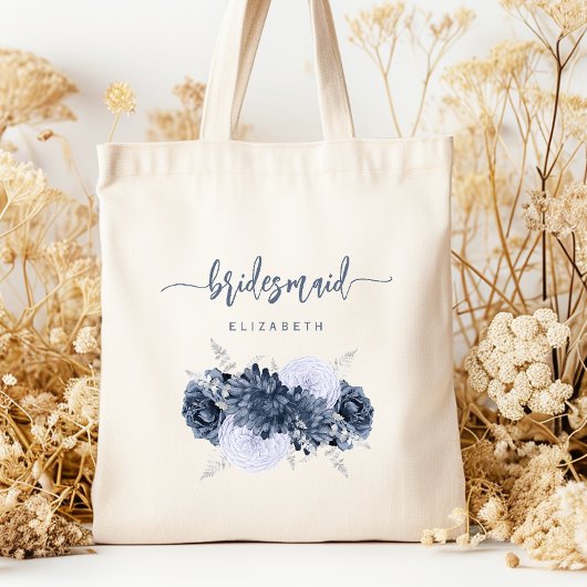 Tote Bag Personalized Bridesmaid Floral Dusty Blue Script