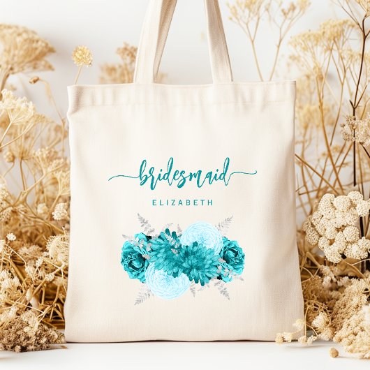 Tote Bag Personalized Bridesmaid Floral Turquoise Silver