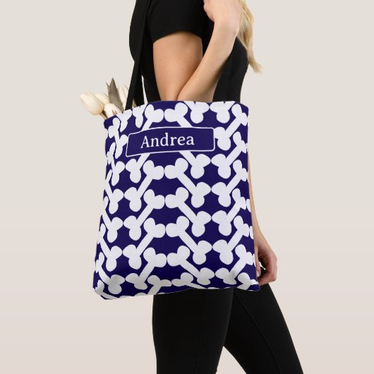 Tote Bag Personalized Dog Bone Pattern Navy White Modern (De près)