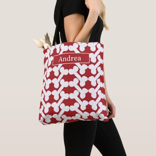 Tote Bag Personalized Dog Bone Pattern Red White Modern  (De près)