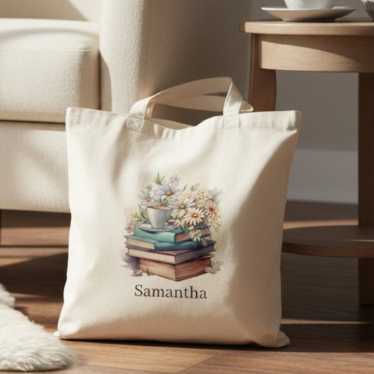 Tote Bag Personalized Floral Stacked Books