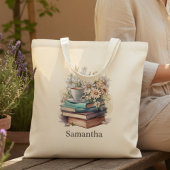 Tote Bag Personalized Floral Stacked Books