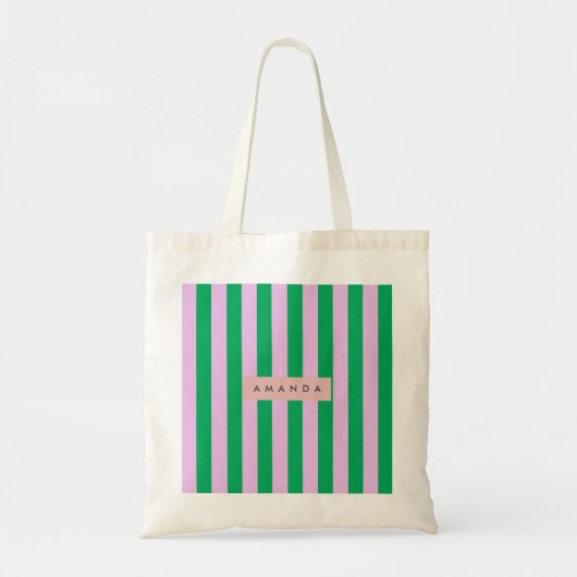 Tote Bag Personalized Fresh Green and Pink Striped Retro (Devant)