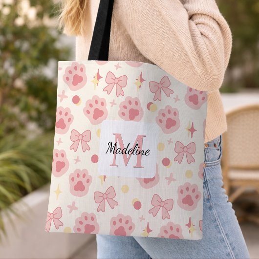 Tote Bag Personalized Girl Cat Paw Cute Bow Name Pink