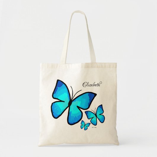 Tote Bag Personalized Hand-painted Blue Butterflies (Devant)