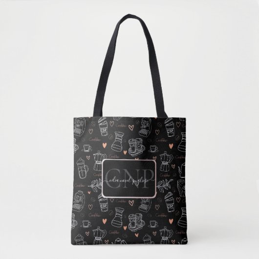 Tote Bag Personalized Modern Coffee Pattern Black (Devant)
