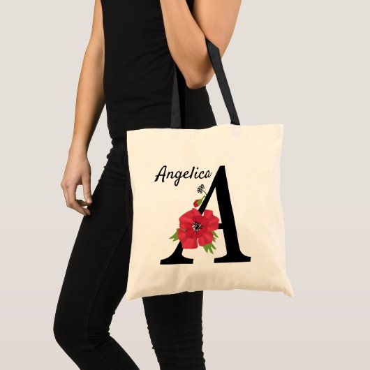 Tote Bag Personalized monogram editable A text red flower f (Devant (produit))