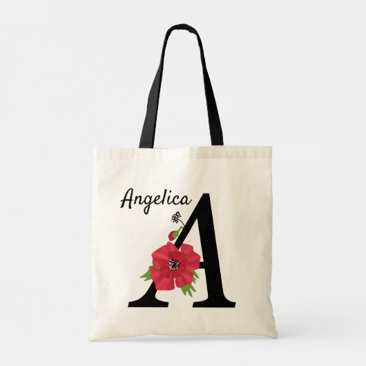 Tote Bag Personalized monogram editable A text red flower f (Dos)