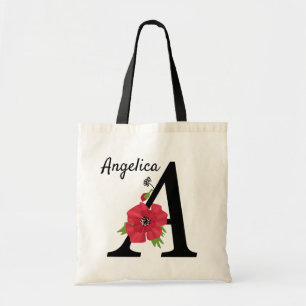 Tote Bag Personalized monogram editable A text red flower f