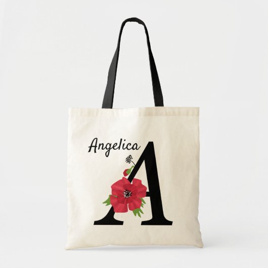 Tote Bag Personalized monogram editable A text red flower f (Devant)