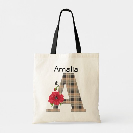 Tote Bag Personalized monogram editable A text red flower f (Dos)