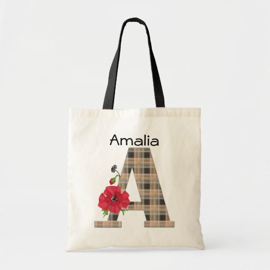 Tote Bag Personalized monogram editable A text red flower f (Devant)