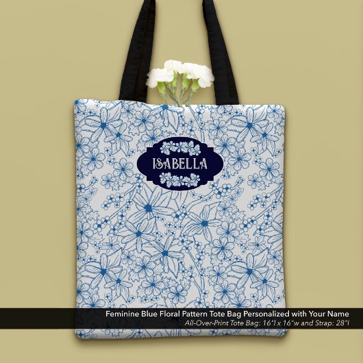 Tote Bag Personalized Name Feminine Blue Floral Pattern