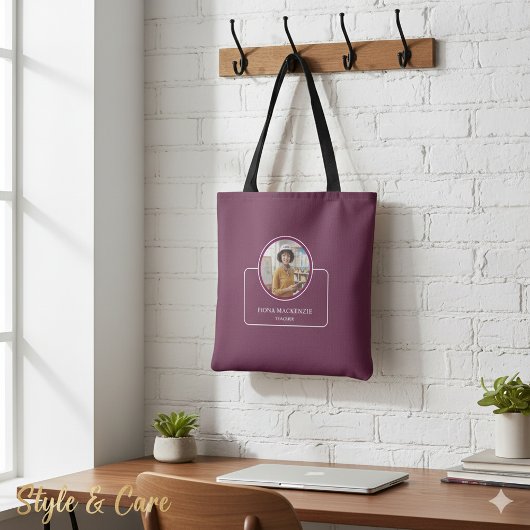 Tote Bag Personalized Photo and Name with Title Burgundy