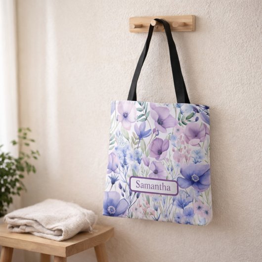 Tote Bag Personalized Purple Floral Name