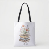 Tote Bag Personalized Teacher Floral Book Stack Custom Gift (Devant)