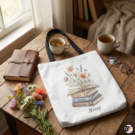 Tote Bag Personalized Teacher Floral Book Stack Custom Gift