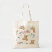 Tote Bag Personalized Teddy Bear & Blue Bow Pattern (Devant)