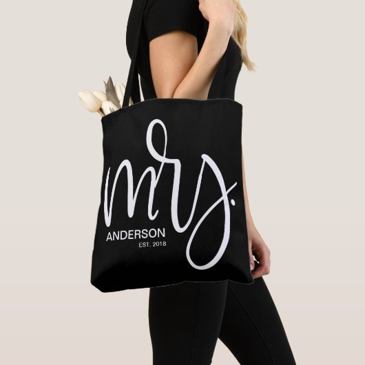 Tote Bag Personnalisé Mme ESTABLISHED - blanc sur noir (De près)