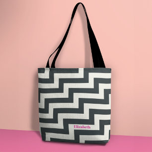 Tote Bag Personnalisé noir blanc rose gras Zig Zag