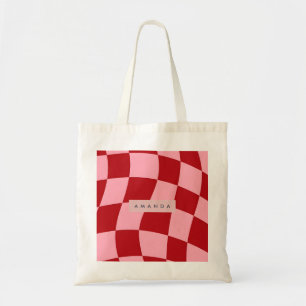 Tote Bag Personnalisé Rouge et Rose à Carreaux Ondulés
