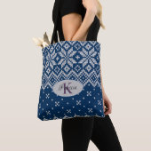 Tote Bag Personnaliser Faux Motif Knit en laine Bleu et Bla (De près)
