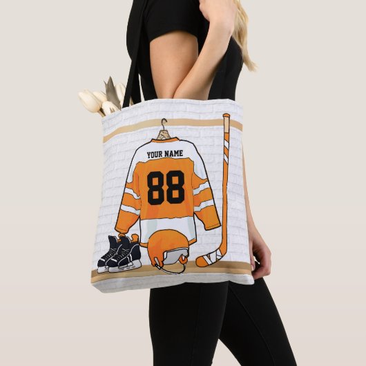 Tote Bag Personnalized orange et blanc hockey Jersey (De près)