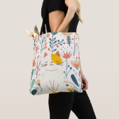 Tote Bag Petit chat heureux et illustration de fleurs (De près)