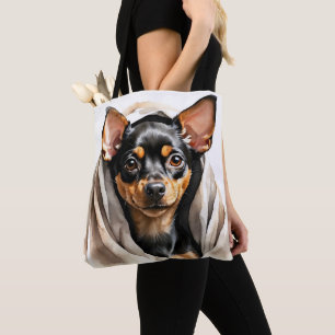 TOTE BAG PETIT CHIEN À POULET DE MINIATURE NOIR ET TAN