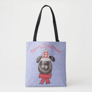 Tote Bag Petit chien de Noël en tricot casquette et foulard