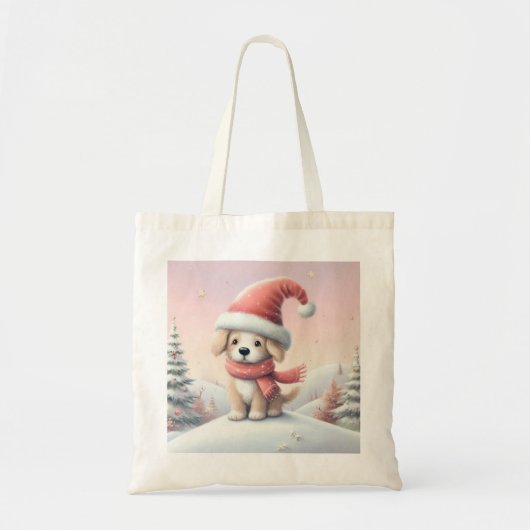 Tote Bag Petit chiot de Noël en chapeau santa (Devant)
