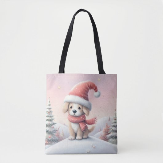 Tote Bag Petit chiot de Noël en chapeau santa (Devant)