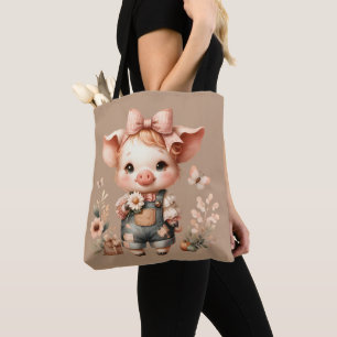 Tote Bag Petit Cochon Fantaisiste en Salopette Pastel Marro
