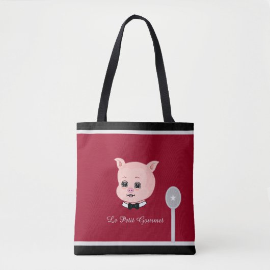 Tote Bag Petit cochon mignon sur Bourgogne Rouge et Noir (Devant)