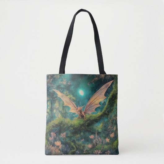 Tote Bag Petit dragon Brown dans une forêt magique verte (Devant)