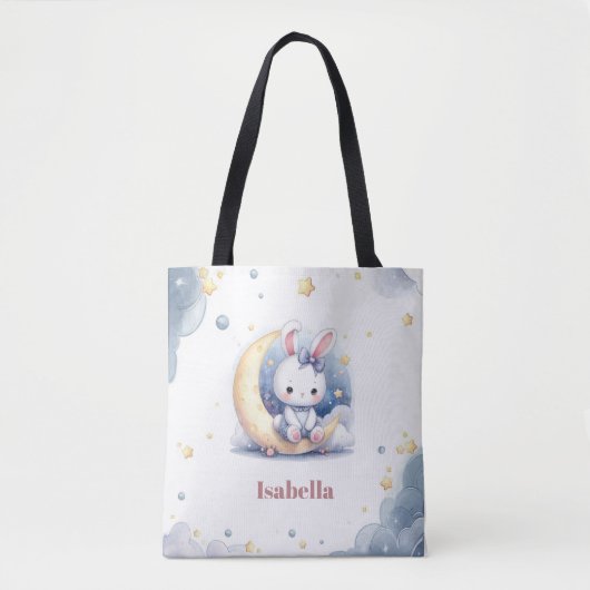 Tote Bag petit lapin blanc mignon assis sur la lune (Devant)