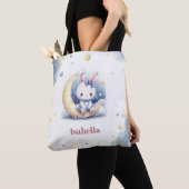 Tote Bag petit lapin blanc mignon assis sur la lune (De près)