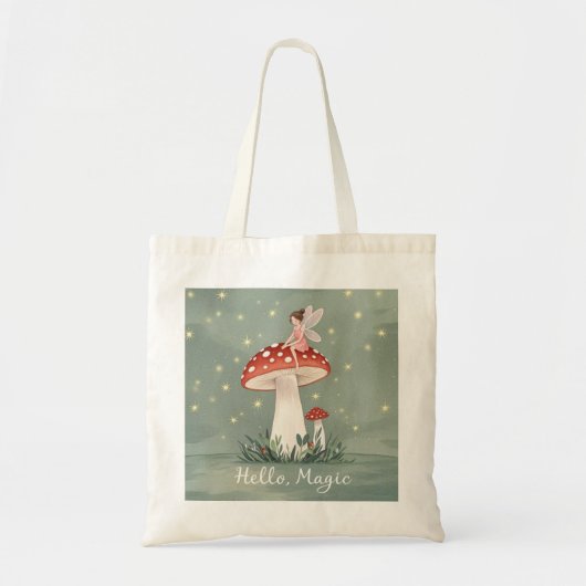 Tote Bag Petite fée perchée sur le champignon et brillante (Devant)