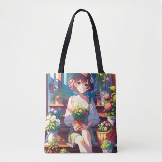 Tote Bag Petite fille Anime tenant un Plante (Devant)