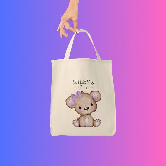 Tote Bag Petite fille Brown ours pourpre Baby Monogrammé