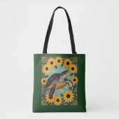 Tote Bag Petite Tortue Et Fleurs Faisées Noires (Devant)