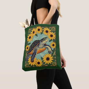 Tote Bag Petite Tortue Et Fleurs Faisées Noires