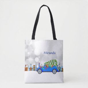 Tote Bag Petite voiture bleue et arbre Noël personnalisé