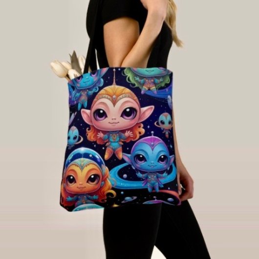 Tote Bag Petits Aliens Multi-Couleurs dans l'Espace