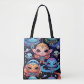 Tote Bag Petits Aliens Multi-Couleurs dans l'Espace (Devant)